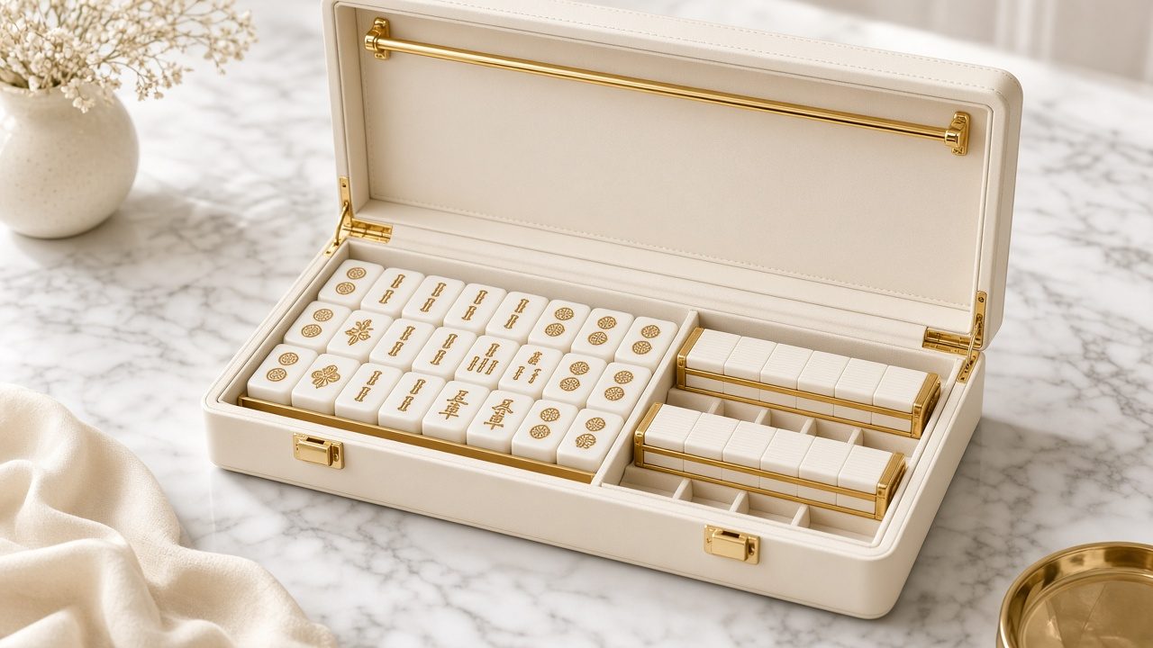 Set Perla: fichas blanco perla y dorado en estuche de piel crema