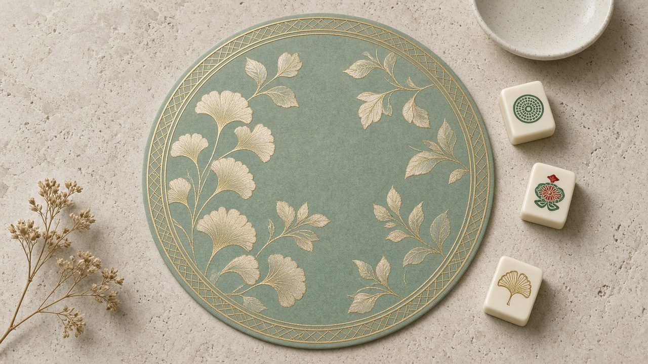 Tapete redondo verde celadón con hojas de ginkgo doradas
