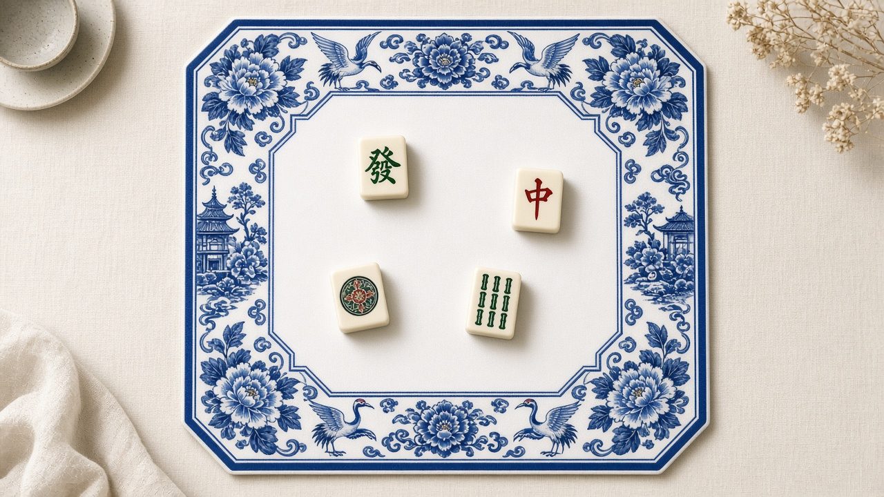 Tapete octagonal azul y blanco estilo porcelana con grullas y peonías