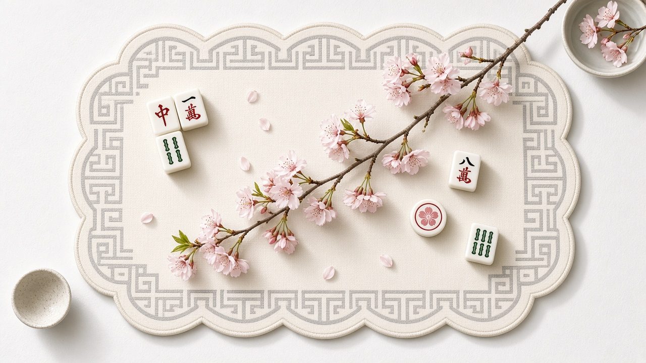 Tapete marfil con flores de cerezo y celosía gris, orilla ondulada
